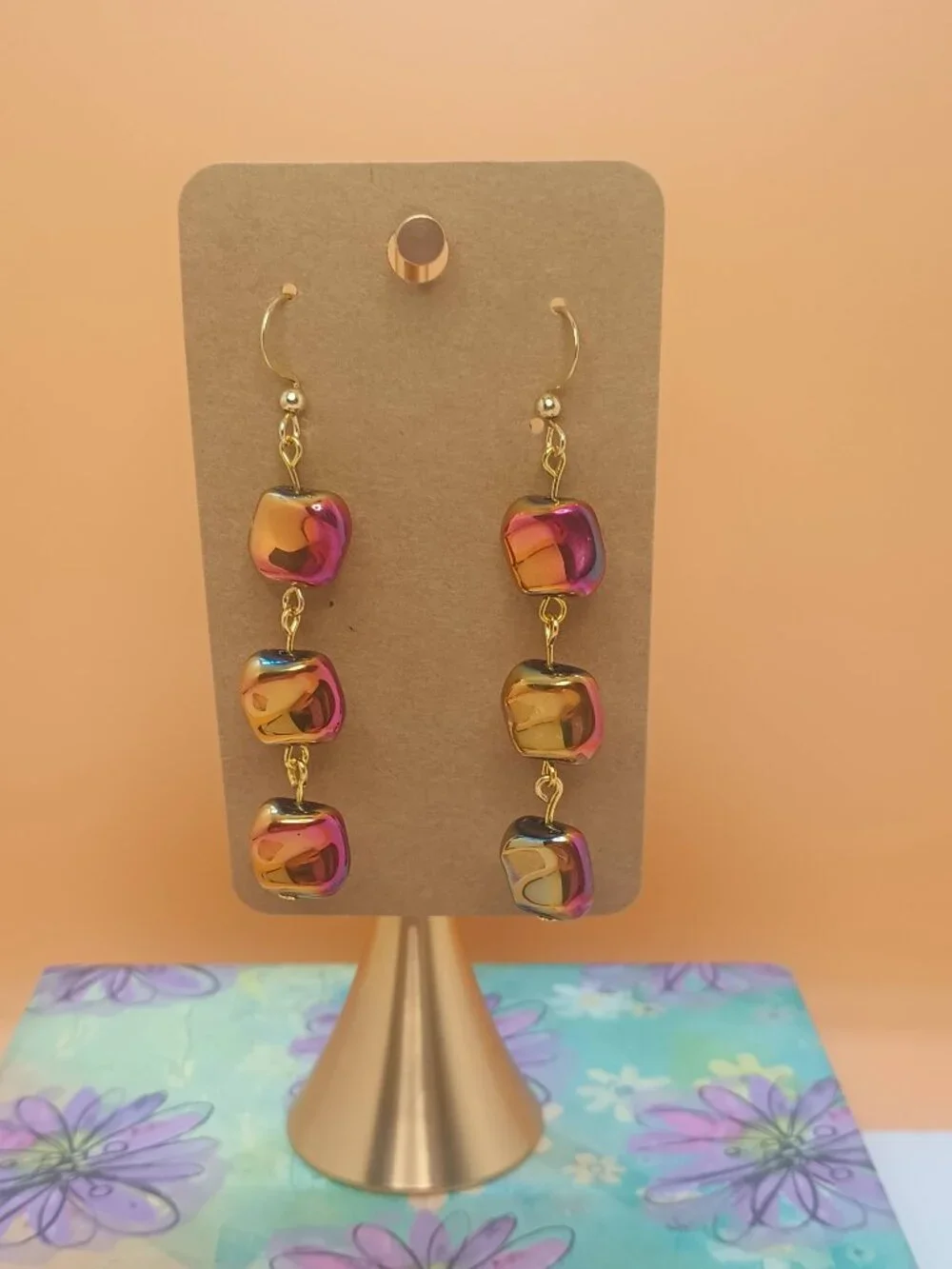 Pink and Gold Iridescent 3 Bead Dangle Earrings - Picture 6 of 6